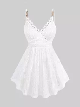 Rosegal Большой размер Пуантель с цветочной отделкой и люверсами Однотонный жаккардовый текстурированный топ на бретельках с открытой спиной и цепочкой M белый