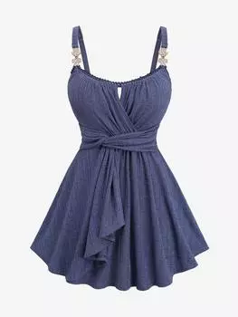 Rosegal Большой размер С рюшами и пряжкой в виде листьев, кружевной отделкой, подол салата, ребристая текстурированная майка L синий