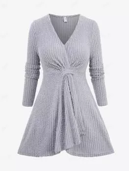 Rosegal Большой размер Свитер с тюльпанами и складками, V-образный вырез, текстурированный свитер с ресницами L серый