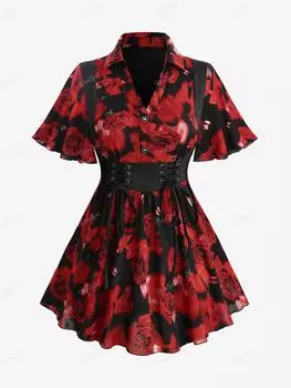 Rosegal Большой размер Жаккардовая блузка с принтом розы и пуговицами в виде сердца на шнуровке L красный