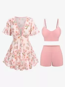 Rosegal Fashion Ombre Peach Blossom Print Plunging Bowknot Tied Beach Cover Up Solid Boyleg 3 Pieces Tankini Купальник L светло-розовый