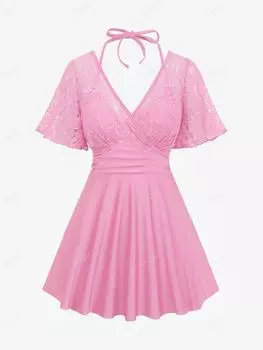 Rosegal Fashion с развевающимися рукавами и цветочным кружевом, вставками и завязками, однотонный купальник-танкини в стиле кроссовер M светло-розовый