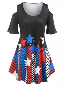 Rosegal Футболка с открытыми плечами и геометрическим принтом больших размеров XL чёрный/синий