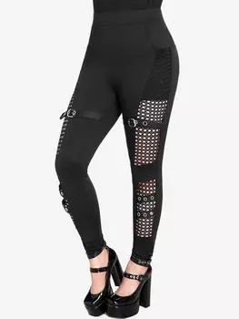 Rosegal Gothic Fishnet Panel Buckle Grommets Pockets Skinny Pants L чёрный