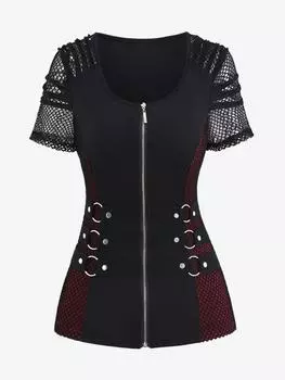 Rosegal Gothic Fishnet Panel O-Ring Full Zip Порванные рукава Лоскутный Топ 2XL чёрный