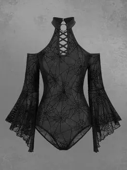 Rosegal Gothic Flare Sleeve Open Shoulder Сетка Flocking Spider Web Lace Up O-Ring Нижнее белье Боди L чёрный