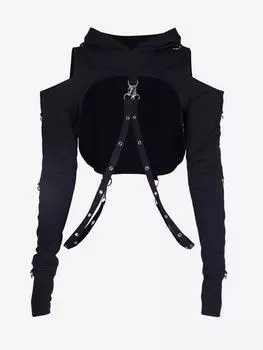 Rosegal Gothic Grommets Striped Hooded Open Shoulder Shrug Top M чёрный