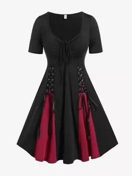 Rosegal Gothic Lace-up Cinched Two Tone Godet Hem Платье A Line 3XL чёрный