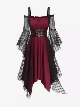 Rosegal Gothic Открытые плечи Расклешенные рукава Полосатая сетка Накладка из полиуретана Ремешок Пряжка Люверсы Со сборками 2 в 1 Платок А-силуэта L красный/глубокий
