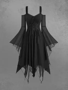 Rosegal Gothic Открытые плечи Расклешенные рукава Шнуровка Твердый платок Асимметричный многослойный шифоновое платье L чёрный