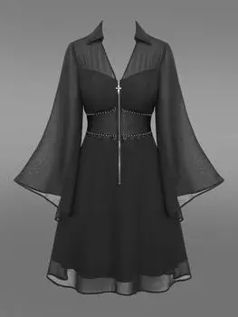 Rosegal Gothic Расклешенные рукава Отложной воротник Перекрестная молния на половину длины Кружевная отделка Многослойный корсет из искусственной кожи Однотонное шифоновое платье А-силуэта M чёрный