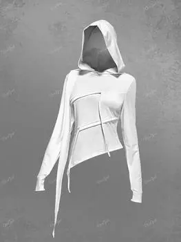 Rosegal Gothic Ribbon Drawstring Асимметричный однотонный пуловер с капюшоном XL белый