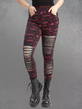 Rosegal Gothic Ripped Mesh Panel Pocket Tie Dye Splatter Print Skinny Leggings L чёрный