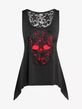 Rosegal Gothic Star Lace Panel Contrast Skull Applique Asymmetrical Top XL чёрный