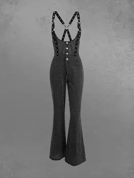 Rosegal Gothic Striped Printed O-Ring Cross-Stapped Grommet Buckle Button Backless Pocket Брюки Комбинезон L чёрный