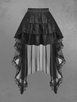 Rosegal Готическая цветочная аппликация Сетчатая кружевная накладка Жаккардовые многослойные оборки Асимметричная юбка А-силуэта XL чёрный