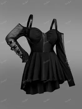 Rosegal Готическая футболка из искусственной кожи с рюшами и застежкой-молнией в сетку с открытыми плечами, высокая низкая футболка XL чёрный