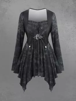Rosegal Готическая искусственная вставка с пряжкой и люверсом, рюшами, оборками, носовой платок с длинными рукавами, футболка 2 в 1 XL чёрный