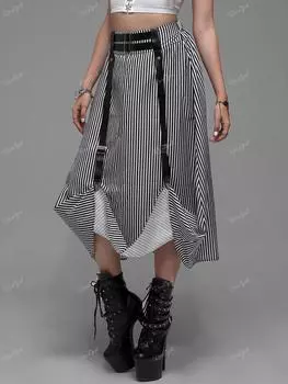 Rosegal Готическая полосатая юбка из искусственной кожи с ремнем трапециевидной формы 2XL чёрный