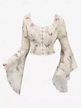 Rosegal Готическая расклешенная блузка с расклешенными рукавами, тушью, цветочным принтом и листьями, со складками и потертостями, укороченная блузка на крючках и глазах M бежевый