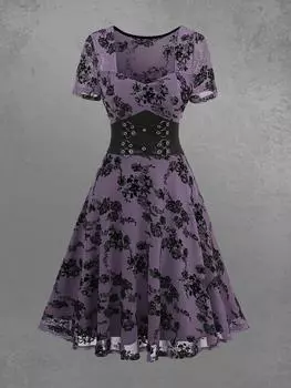Rosegal Готическая роза с цветочным принтом и флокированием D-образного кольца из искусственной кожи на шнуровке с люверсами Платье трапециевидной формы L фиолетовый