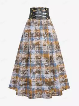 Rosegal Готическая рваная клетчатая камуфляжная юбка трапециевидной формы со вставками из искусственной кожи и заклепками на шнуровке S кофейный