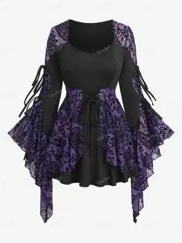 Rosegal Готическая завязка с расклешенными рукавами Цветочная лоза Пейсли Сетка Флокирование Многослойная лоскутная блузка на шнуровке 2 в 1 2XL фиолетовый