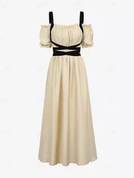 Rosegal Готические пышные рукава с открытыми плечами и рюшами на шнуровке с завязками на спине Текстурированное однотонное платье-майка трапециевидной формы XL светло-желтого