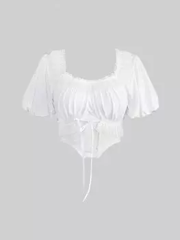 Rosegal Готический асимметричный укороченный топ с пышными рукавами и цветочными кружевными вставками с оборками и рюшами XL белый