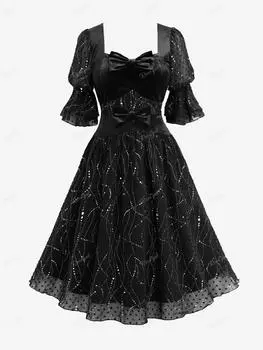 Rosegal готический бант со сверкающими пайетками и многослойными рюшами в горошек с пышными рукавами и трапециевидным платьем XL чёрный