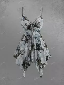 Rosegal Готический цветочный флокированный галстук-краситель Ombre Потертый асимметричный носовой платок с завязками на спине и открытой спиной Топ на бретельках XL серый/синий