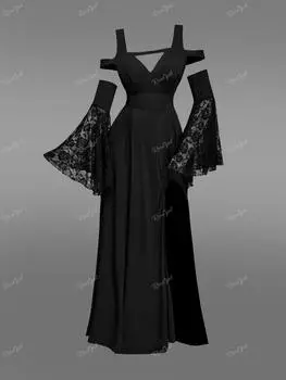 Rosegal Готический цветок Роза Кружева с рукавами-колокольчиками Платье в полоску с открытыми плечами и рюшами XL чёрный