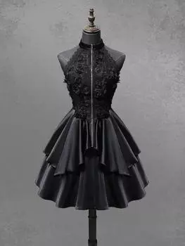 Rosegal Готический цветок розы аппликация жаккард кружево молния оборки многослойное платье А-силуэта XL чёрный