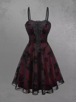 Rosegal Готический цветок розы сетчатая аппликация многослойное платье А-силуэта(Регулируемый плечевой ремень) L красный/глубокий