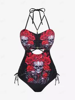 Rosegal Готический кровавый розовый цветок с черепами и принтом со складками и завязками, ажурный купальник с открытой спиной и лямкой на бретельках 4XL чёрный