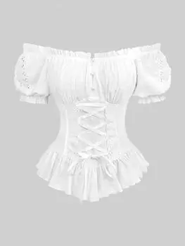 Rosegal Готический пышные рукава с открытыми плечами, проушины, ажурная шнуровка, пуговицы в швейцарский горошек, волан, подол, рюши, однотонный топ XL белый