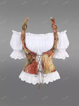 Rosegal Готический пышный рукав с цветочной сетчатой отделкой, рюшами, шнуровкой, пряжкой и открытыми плечами, корсетный топ 2 в 1 2XL кофейный