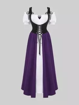 Rosegal Готический пышный рукав с V-образным вырезом на шнуровке и рюшами, многослойный лоскутный корсет, платье трапециевидной формы XL фиолетовый