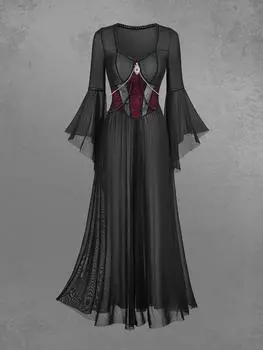 Rosegal готический расклешенный рукав паутина бисер цепочка кружево прозрачная сетка прозрачное платье А-силуэта L чёрный