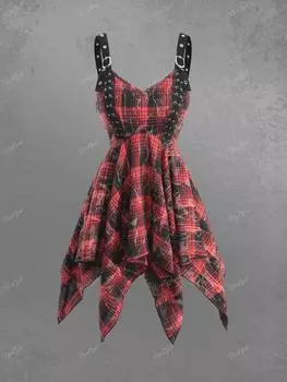 Rosegal Готический рваный клетчатый топ на шнуровке с пряжкой и люверсом, асимметричный носовой платок с открытой спиной L красный