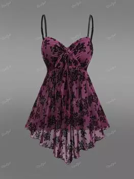 Rosegal Готический сетчатый топ с цветочным принтом, асимметричный топ на бретелях с бантом и баской по краю(Регулируемый плечевой ремень) L глубокий/красный