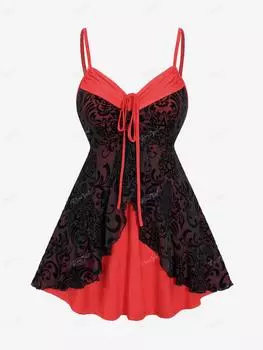 Rosegal Готический винтажный топ на бретельках с цветочным принтом и звездами из флока со складками и многослойной оборкой по подолу(Регулируемый плечевой ремень) XL красный