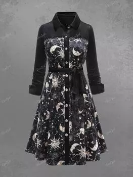 Rosegal Готическое бархатное платье с рубашкой и отложным воротником с принтом на пуговицах и принтом в виде солнца и луны XL чёрный
