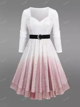 Rosegal Готическое блестящее бархатное платье миди трапециевидной формы с блестками и луной и звездами, многослойное сетчатое платье с пряжкой и поясом в стиле пэчворк 2XL белый