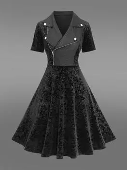 Rosegal Готическое блестящее бархатное платье трапециевидной формы с цветочным тиснением и потрескавшейся текстурой на молнии и заклепках с отложным воротником в стиле пэчворк 2XL чёрный