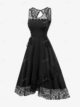 Rosegal Готическое кружевное платье с цветочным принтом в стиле пэчворк на шнуровке с вырезами на спине и оборками на спине Платье трапециевидной формы L чёрный