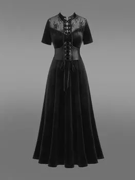 Rosegal Готическое кружевное платье с цветочным принтом из искусственной кожи со шнуровкой и рюшами-корсетом S чёрный