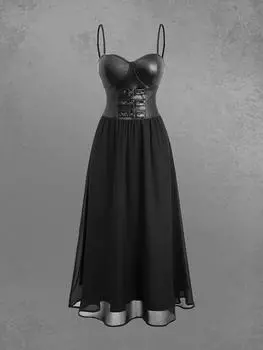 Rosegal Готическое платье-комбинация из искусственной кожи с пряжкой и люверсами в стиле пэчворк из шифона с открытой спиной и миди на бретельках L чёрный