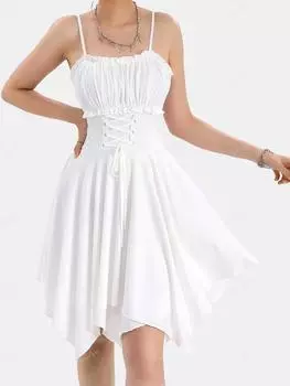 Rosegal Готическое платье-миди с рюшами и рюшами на шнуровке, однотонное асимметричное платье на бретельках трапециевидной формы L белый