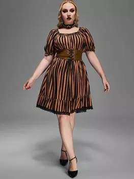 Rosegal готическое полосатое платье с пышными рукавами и рюшами, кружевной отделкой, шнуровкой, вставкой из искусственной кожи и поясом, трапециевидное платье S кофейный
